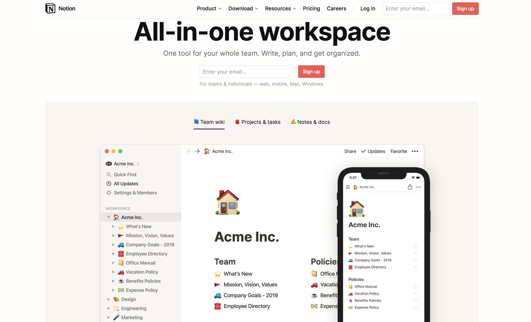 Notion app workspace